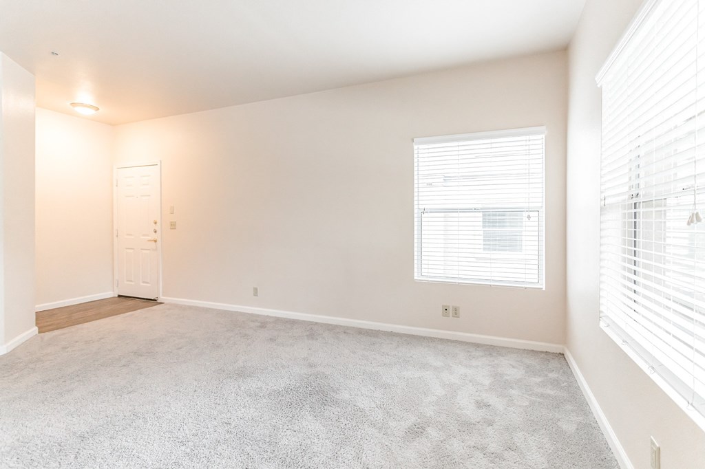 a bedroom with two windows and a door