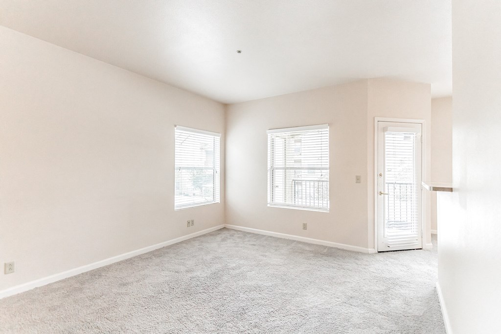 a bedroom with two windows and a door