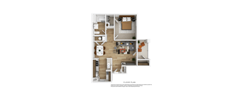 A floor plan of a small apartment with a kitchen, living room, and bedroom.