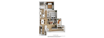 A floor plan of a small apartment with a kitchen, living room, and bathroom.