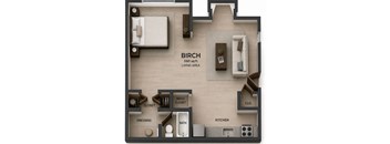 A 580 square foot living area floor plan includes a kitchen, a bedroom, a bathroom, a closet, and a dressing area.