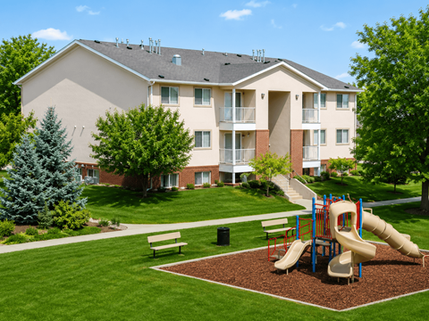 A playground with a slide and a bench in front of a building.