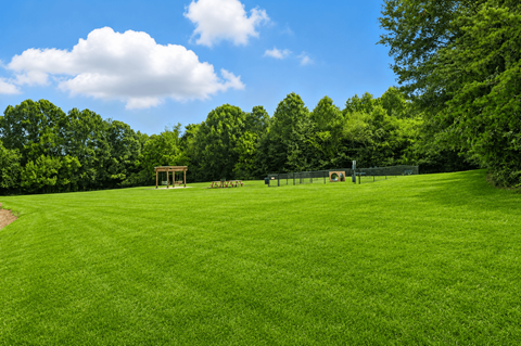 A grassy field with a wooden structure and benches in the distance.