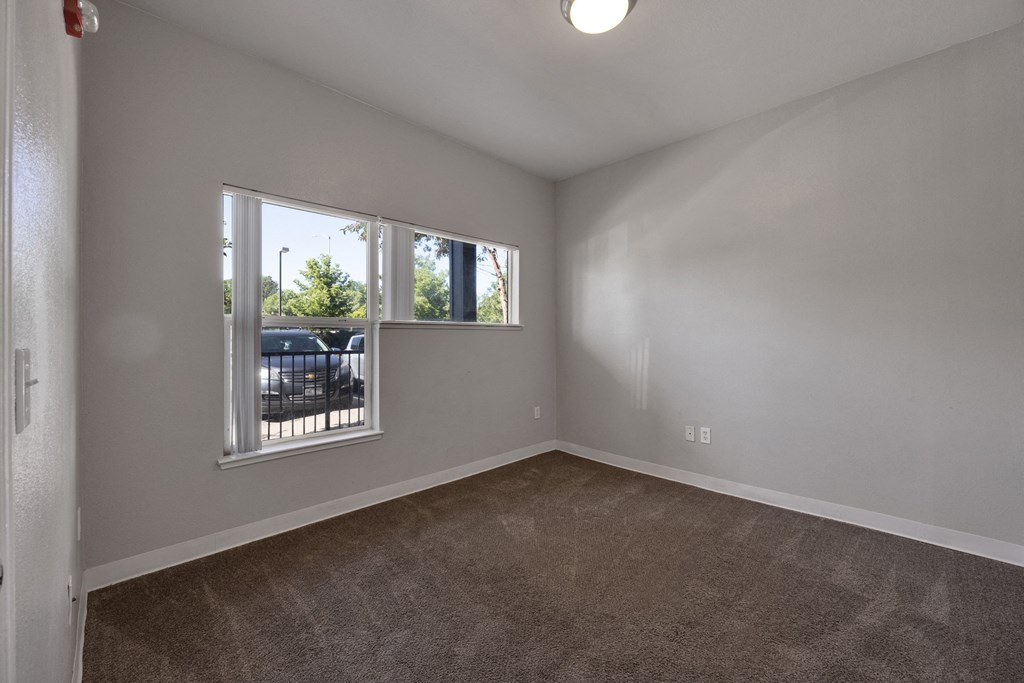 an empty living room with carpet and a window