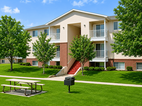 A large apartment complex with a green lawn in front.