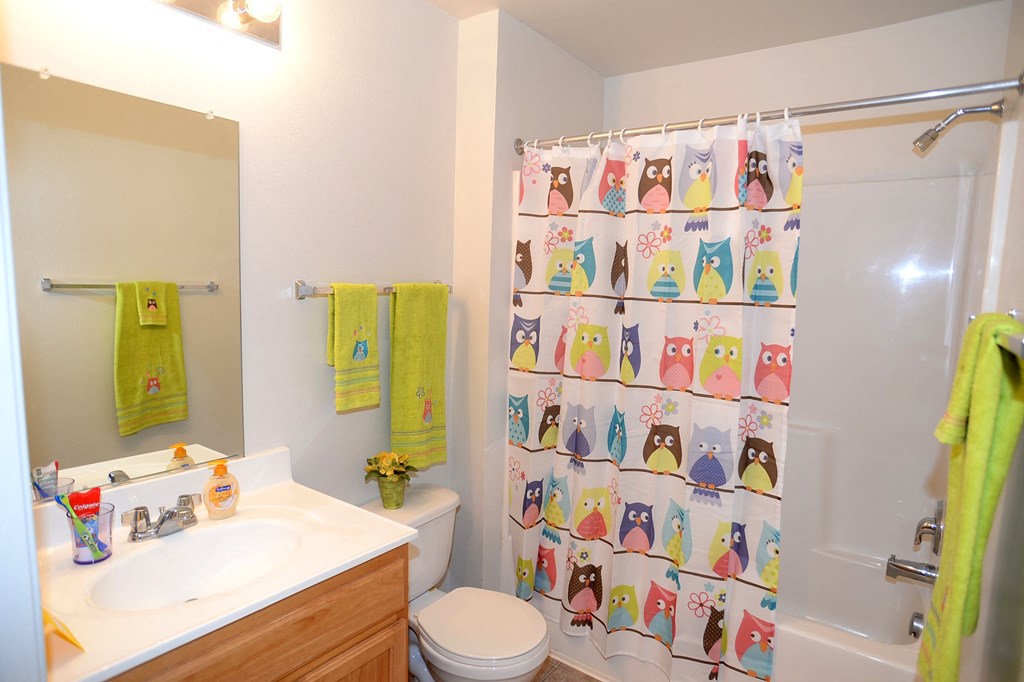 a bathroom with a shower curtain and a sink and a toilet