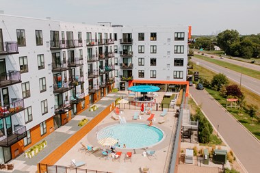Aerial View Of Pool at Hello Apartments, Minneapolis, MN