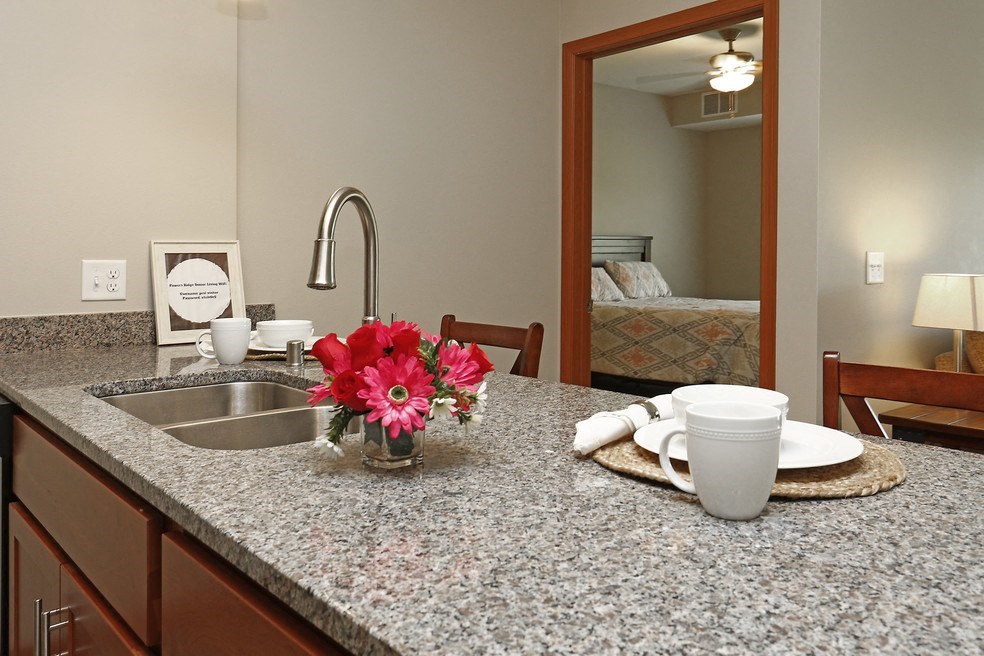 a kitchen counter with a sink and a vase of flowers