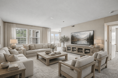 A living room with a large television and comfortable seating.