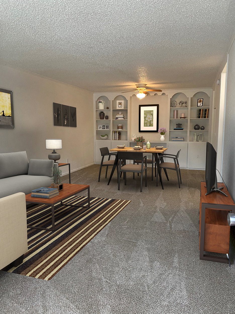 a living room and dining room with a table and chairs