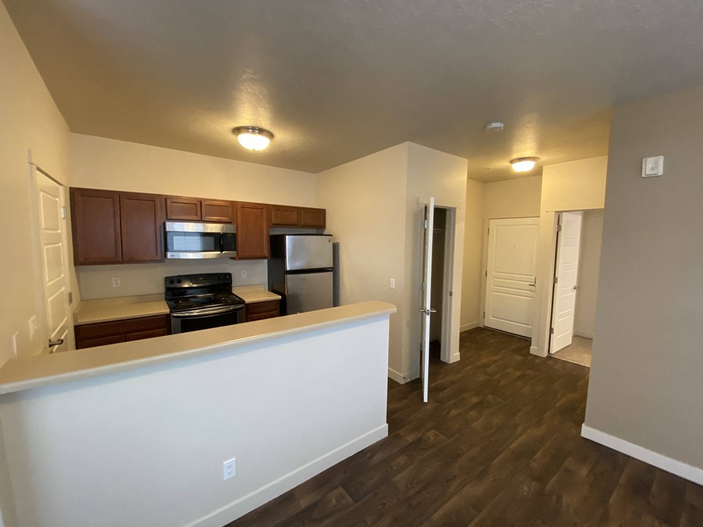 a view of a kitchen and living room in an apartment