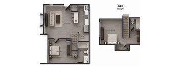 A floor plan of a two bedroom apartment with a living area and kitchen.