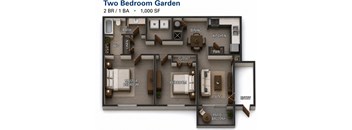 A floor plan of a two bedroom garden apartment.