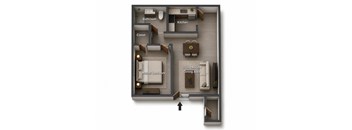A diagram of a house layout with a master bedroom, living room, kitchen, bathroom, and closet.