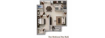 A floor plan of a one bedroom/one bath apartment.