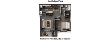 A diagram of a Northview Park apartment showing a one bedroom layout with a living room, kitchen, bathroom, and balcony.