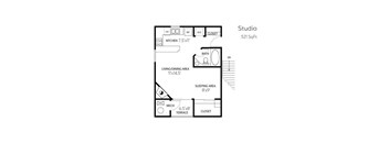 A floor plan of a studio apartment with a kitchen, living/dining area, sleeping area, and bathroom.