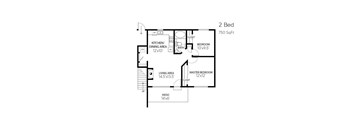 A 2 Bedroom apartment floor plan with a living area, kitchen/dining area, patio, and two bedrooms.