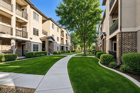 A row of apartment buildings with a sidewalk and green grass.