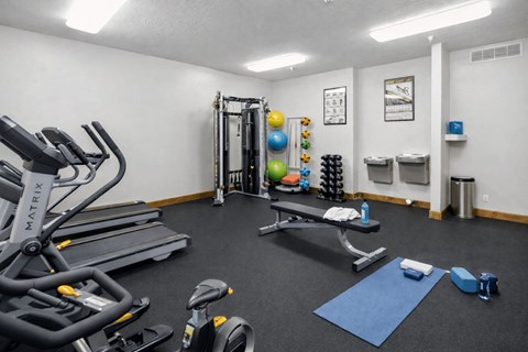 A gym with a variety of equipment including treadmills, exercise balls, and weights.