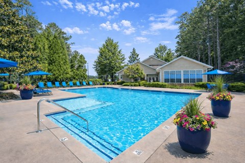 A swimming pool surrounded by trees and a house in the background.
