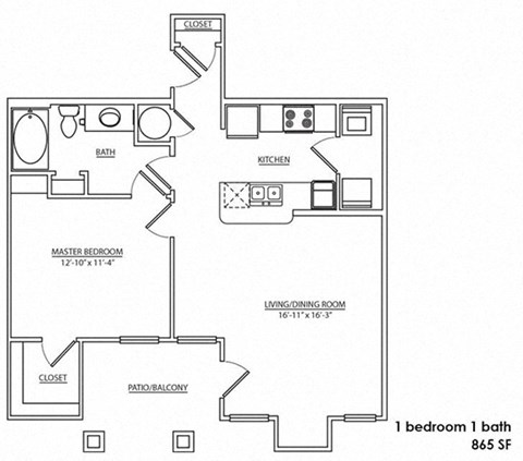 a floor plan of a 1 bedroom 1 bathroom floor plan with dimensions 1024 x 768