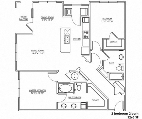 a floor plan of a 2 bedroom 2 bath floor plan with a bathroom and a