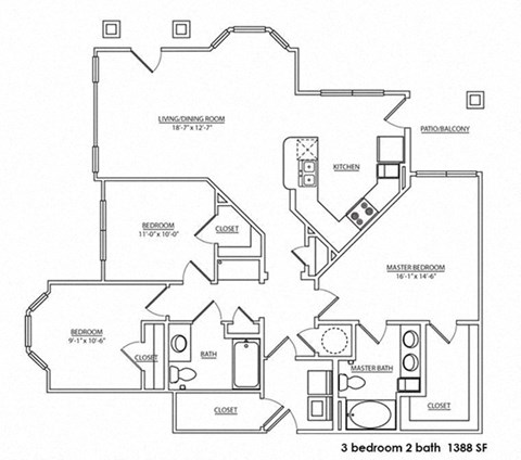 a floor plan of a 3 bedroom 2 bath floor plan