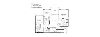 A floor plan of a two-bedroom, two-bathroom house named The Lancaster.