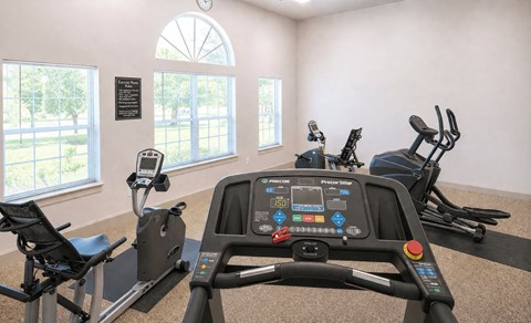 A row of stationary bikes in a gym with a clock on the wall.