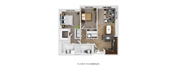 A floor plan of a 895 square foot apartment.