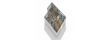 A 3D image of a house layout with a kitchen, living room, and bathroom.