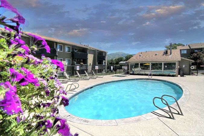 a swimming pool with purple flowers next to a building