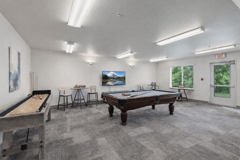 A room with a pool table, a billiard table, and a TV.
