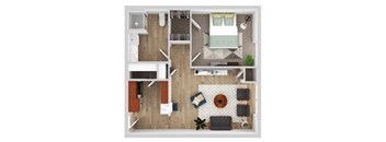 A top-down view of a living room with a couch, coffee table, and a television.