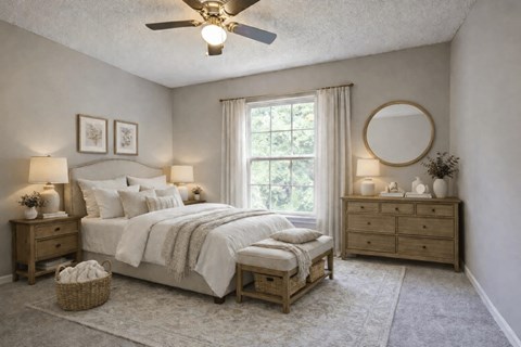 A bedroom with a large bed, a dresser, and a window with curtains.