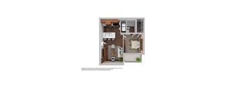 A floor plan of a small apartment with a kitchen, living room, and bathroom.