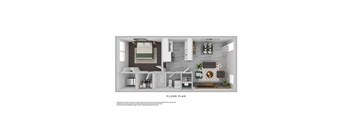 a stylized floor plan of a 1 bedroom apartment