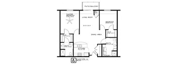 A floor plan of a home with a master bedroom, living room, dining area, kitchen, and bathrooms.