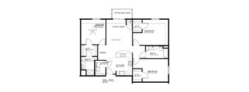 A floor plan of a house with a master bedroom, living room, dining area, kitchen, and bathrooms.