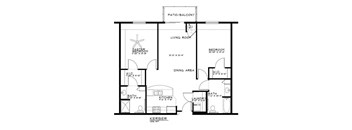A floor plan of a house with a living room, dining area, kitchen, bedrooms and bathrooms.