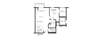 A black and white floor plan of a home with a living room, dining area, kitchen, bedroom, bathroom, and elevator.