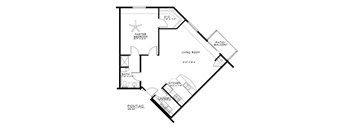 A floor plan of a home with a master bedroom, living room, kitchen, and bath.