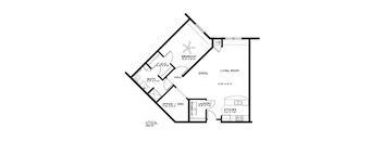 A floor plan of a house with a living room, dining room, kitchen, and office/den.