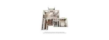 A 3D floor plan of a small apartment with a kitchen, living room, and bathroom.