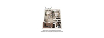 A 3D floor plan of a small apartment with a kitchen, living room, and bedroom.