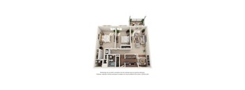 A 3D floor plan of a small apartment with a kitchen, living room, and bedroom.