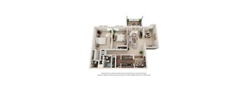 A 3D floor plan of a house with a living room, kitchen, dining room, and two bedrooms.