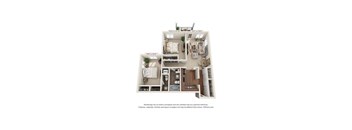A 3D floor plan of a house with three bedrooms, a living room, a kitchen, and a bathroom.