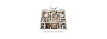 A 3D floor plan of a small apartment with a kitchen, living room, and bathroom.